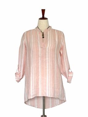 Ellen Tracy Pink White Striped 100% Linen Roll Tab Sleeve V-neck Tunic Blouse M